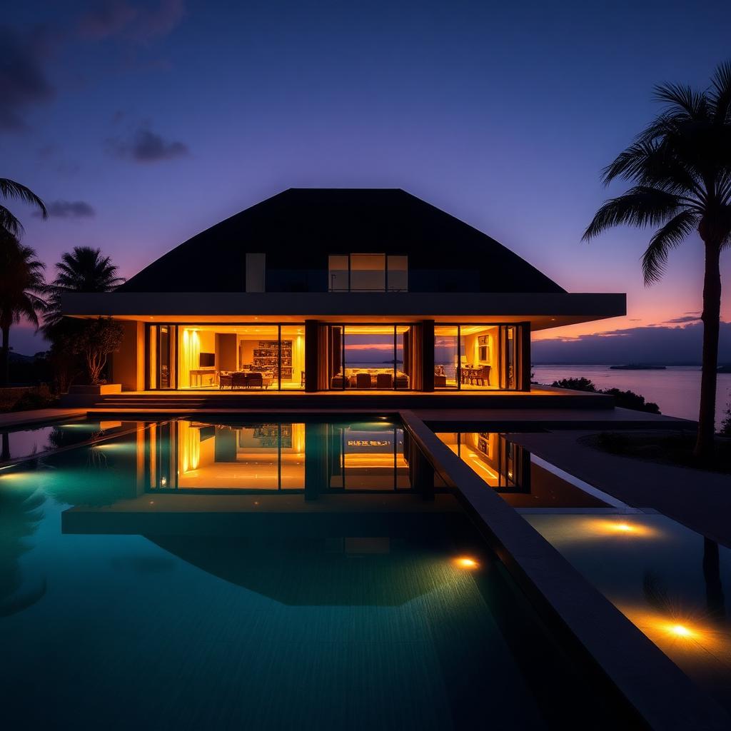 Villa premium éclairée la nuit