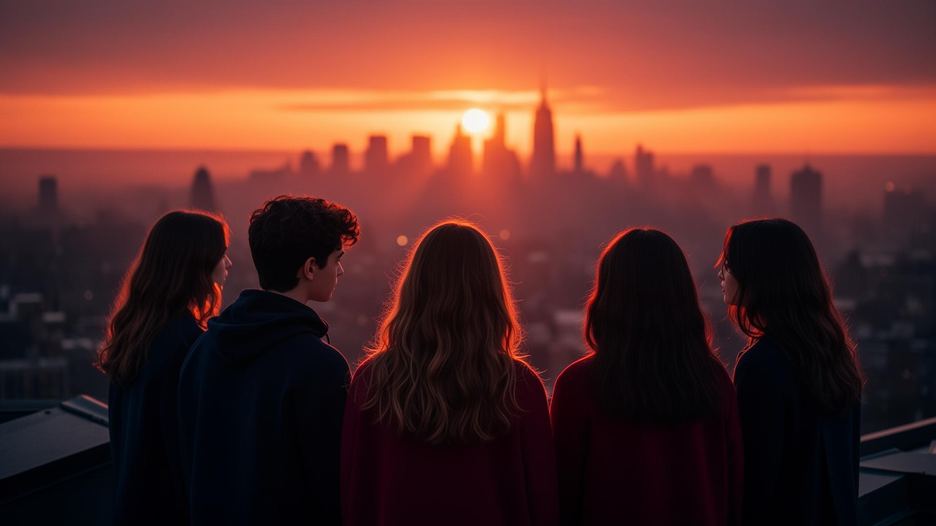 Adolescents face à un coucher de soleil sur une skyline